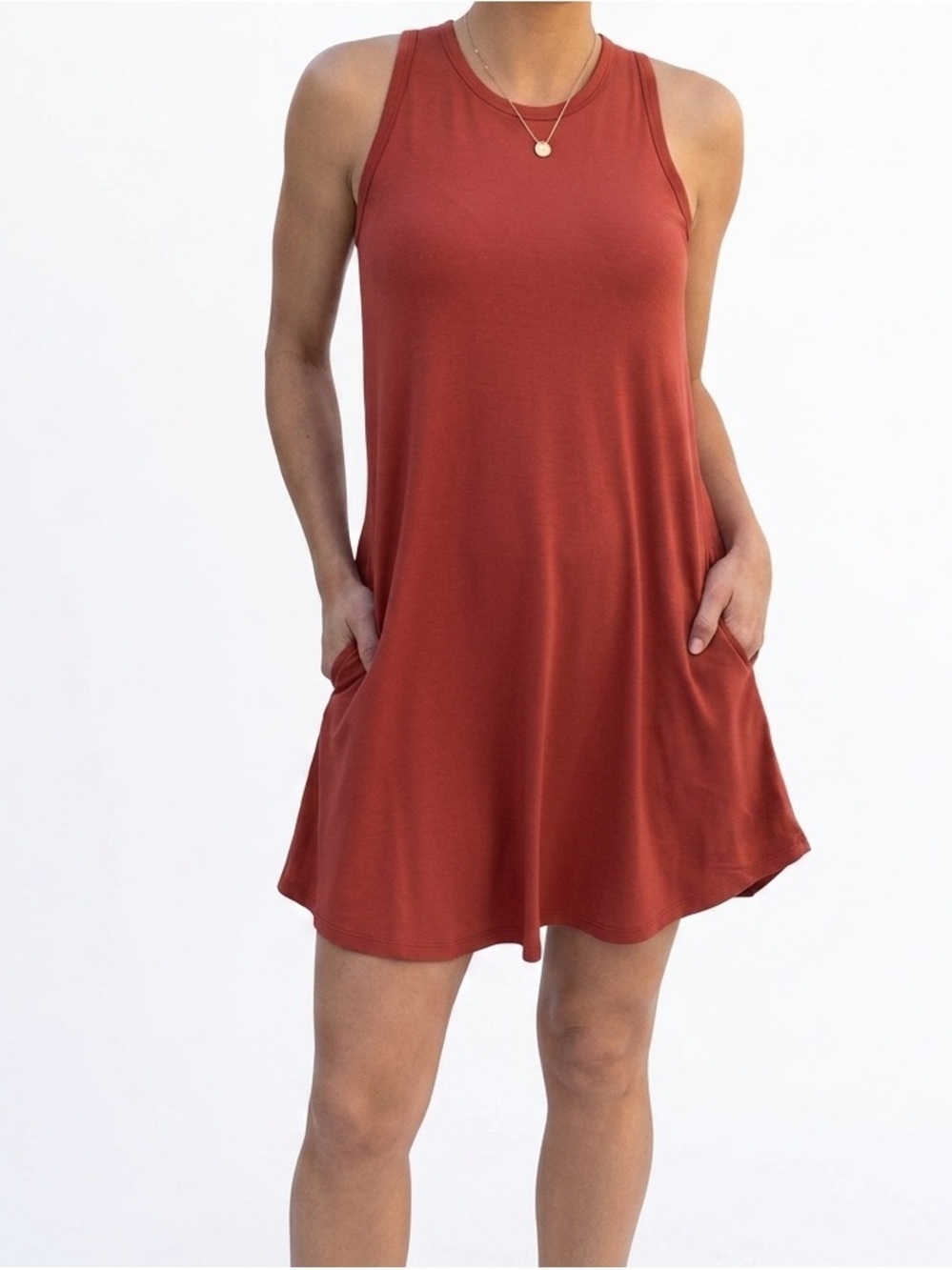 SHEBIRD Sleeveless Mini Swing Dress in Rust